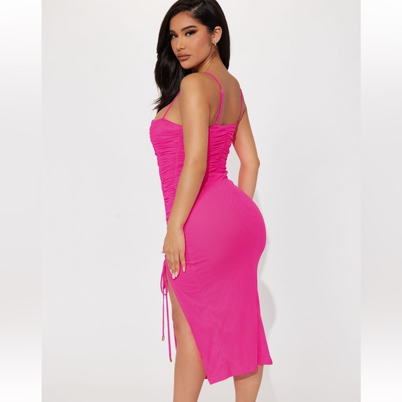 Elle Mesh Midi Dress - Neon Pink - Picture 3 of 6